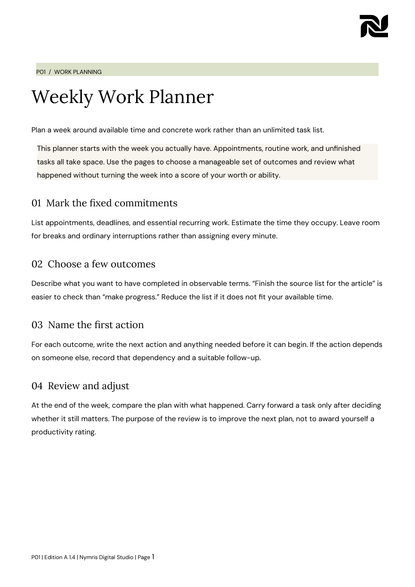 First page preview of Weekly Work Planner