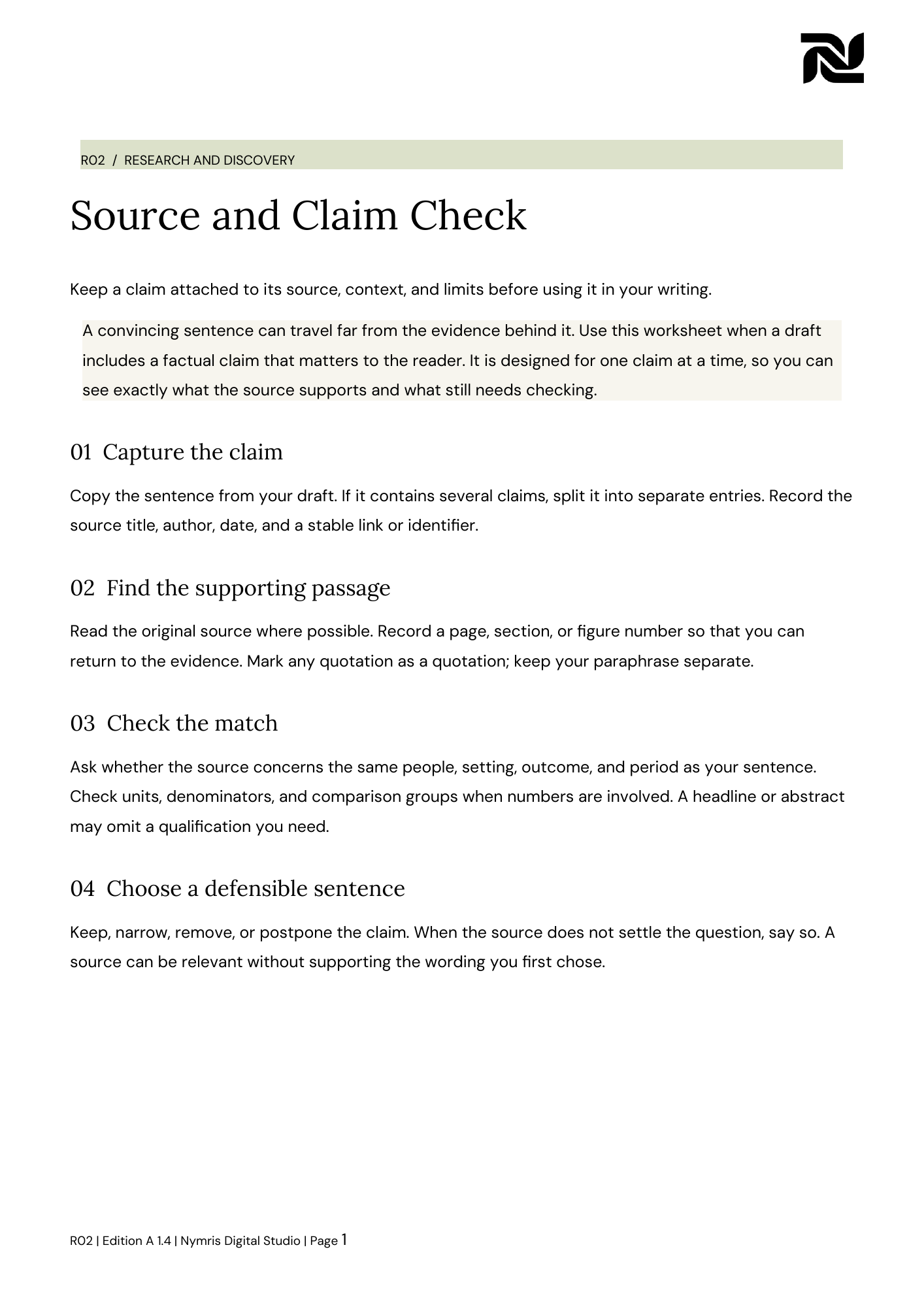 First page preview of Source and Claim Check